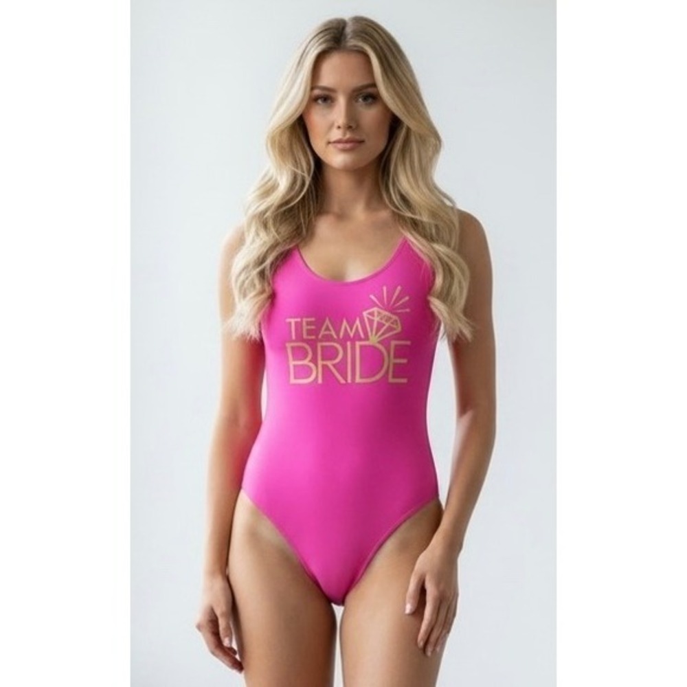 HYTENSUN Team Bride Hot Pink One Piece Swimsuit Bachelorette Party Gold Graphic